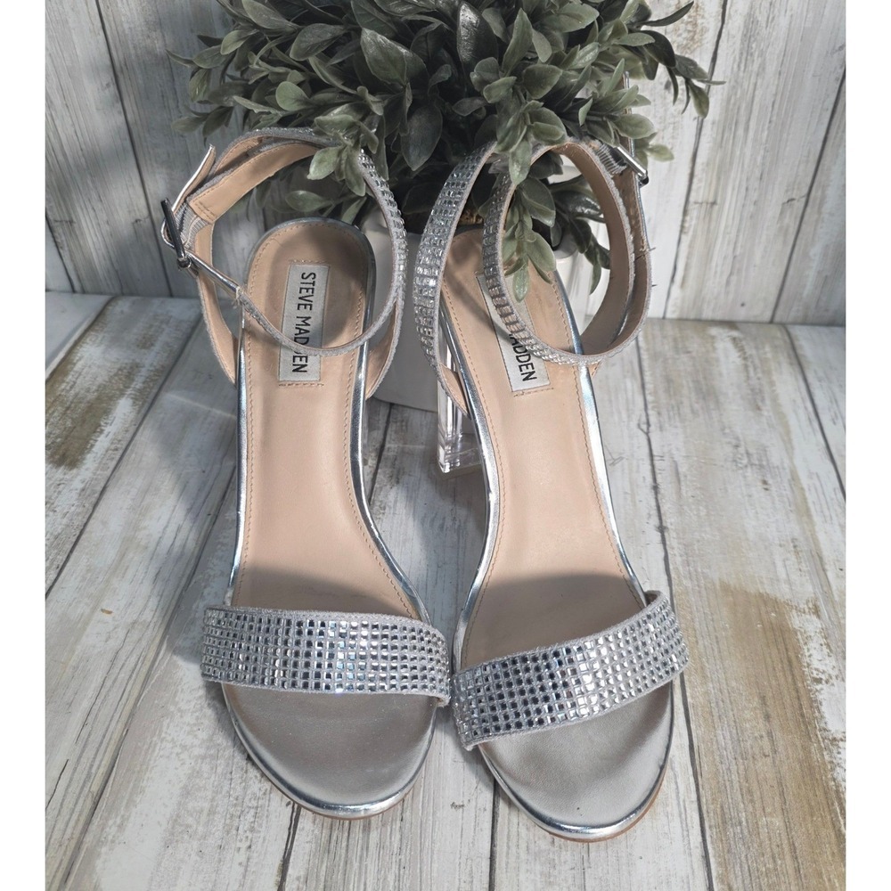 Steve Madden Silver Rhinestone Clear Block Heel Sandals Ankle Strap Womens 10M